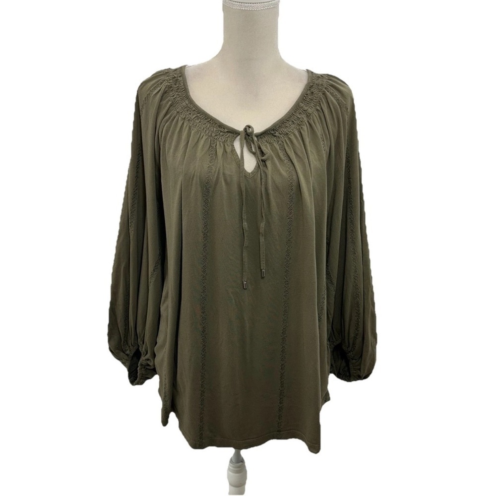 Ralph Lauren Green Embroidered Tie-Neck Top Womens XL Relaxed Fit Long Sleeve